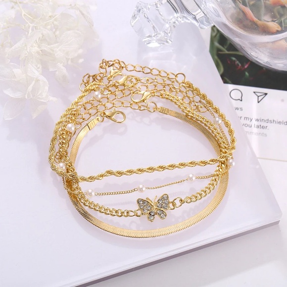 Dainty Gold Color 4 Piece Bracelet Set, Butterfly Bracelet - Picture 5 of 7